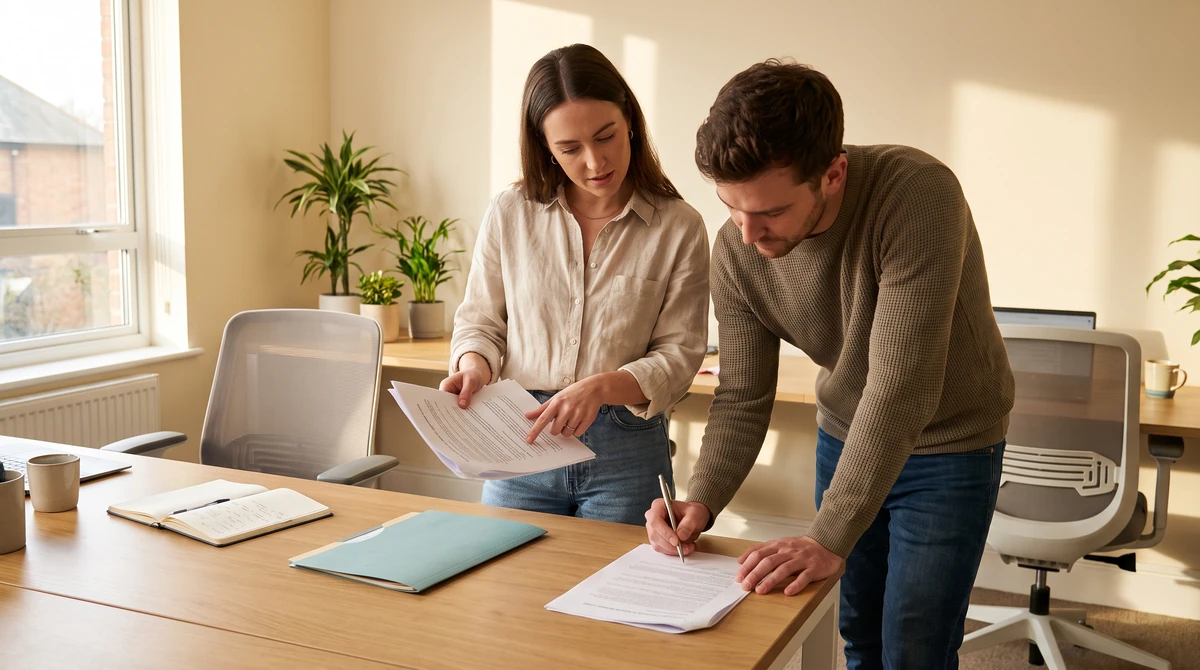 Two production coordinators walking through a printed batch specification together at the start of a partnered project