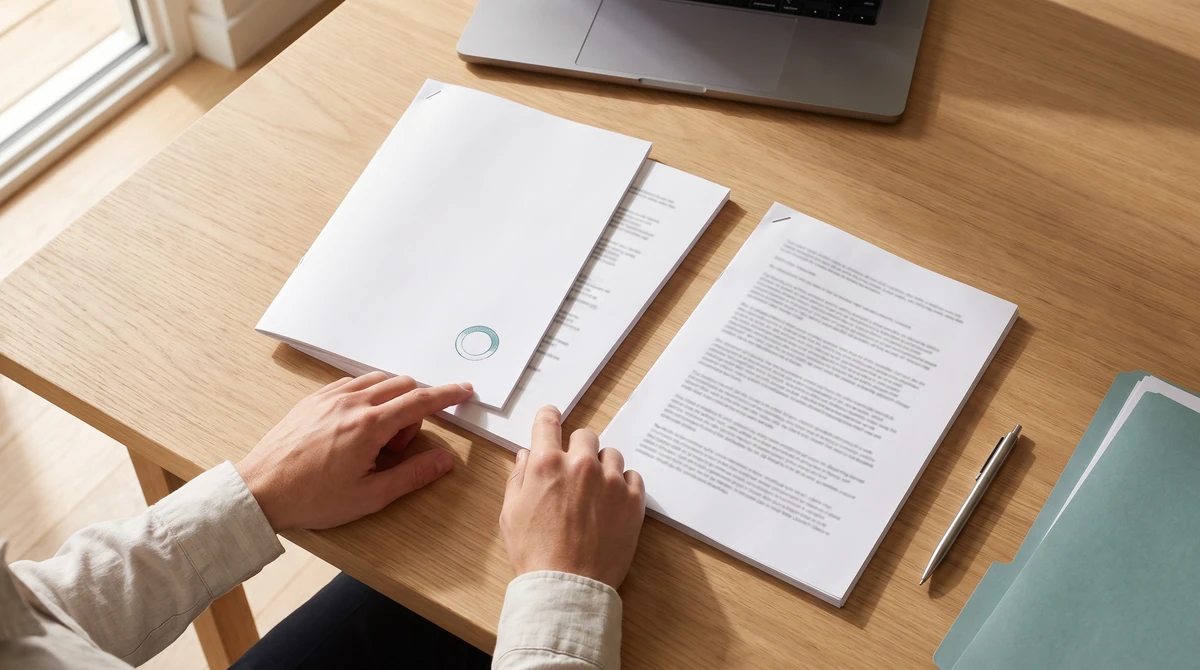 A reviewer comparing a translated document set against its source alongside a certification cover sheet