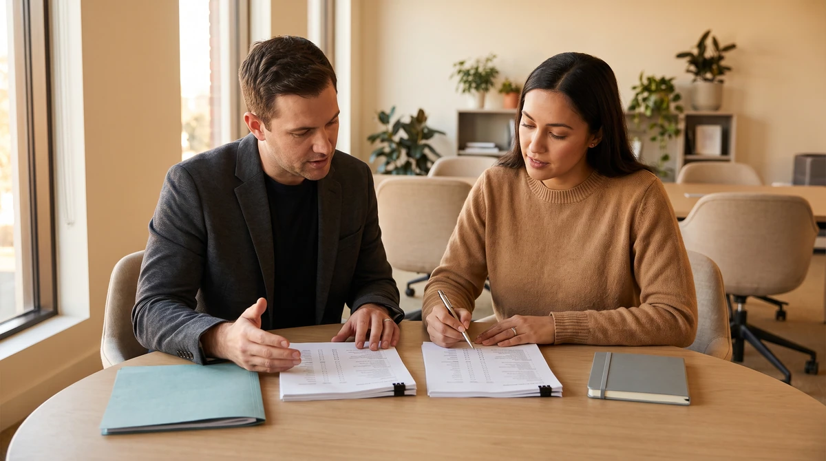 Two compliance reviewers checking a printed control checklist against a deliverable list before language work begins