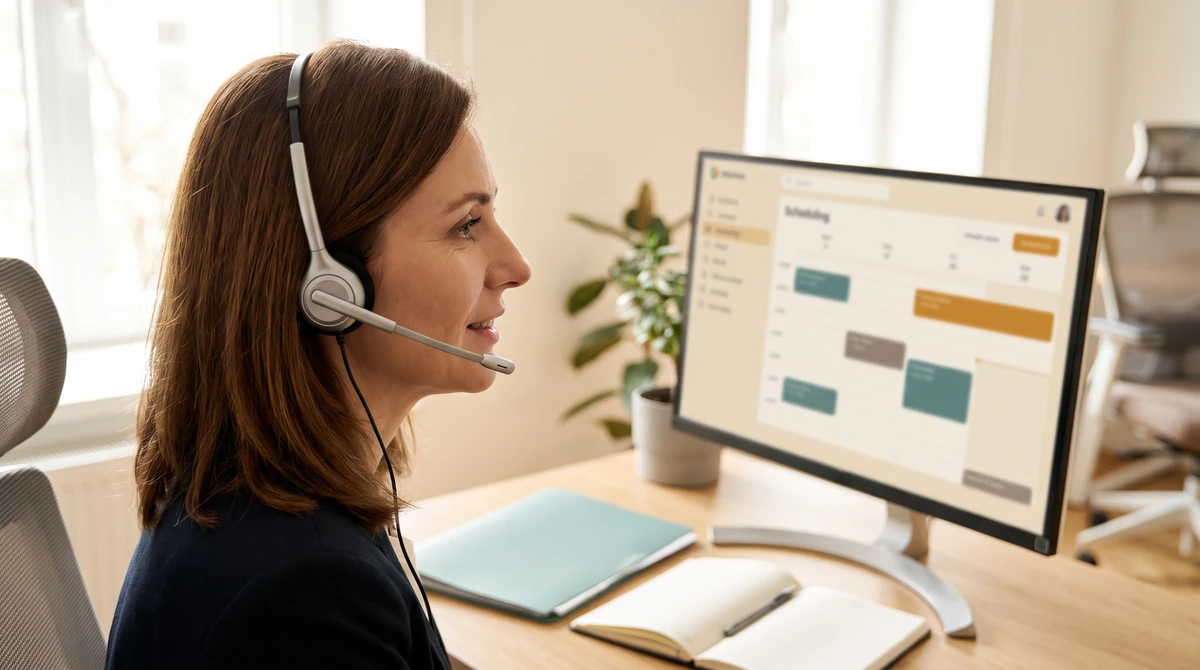 An interpreter working a scheduled remote session at a professional desk beside a session scheduling console