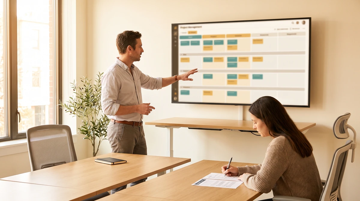 A project manager reviewing a coordination board of parallel language lanes and their current status