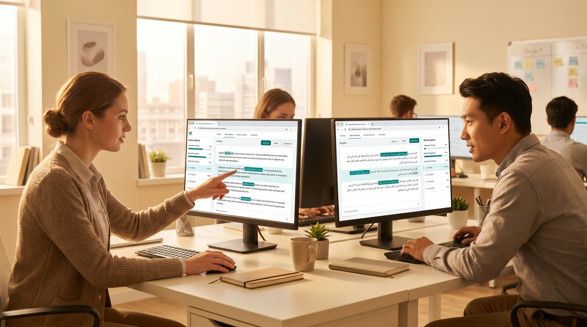 A data labeling workstation with multilingual annotation tasks displayed