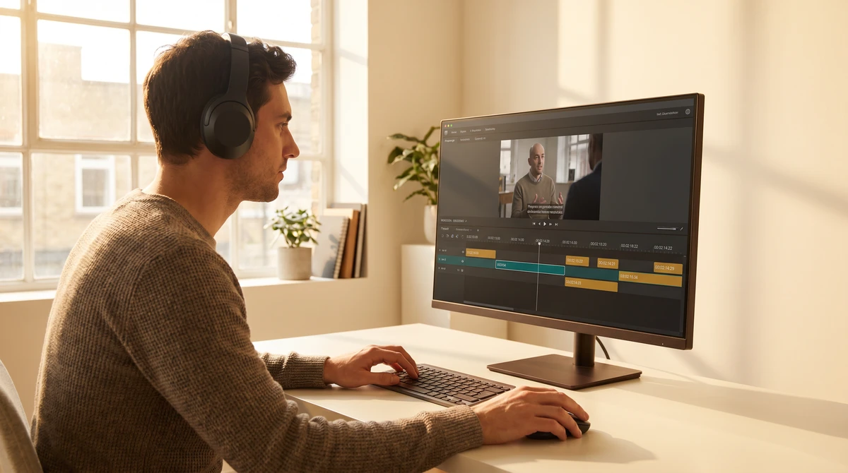 A media production workspace with a subtitling timeline on screen