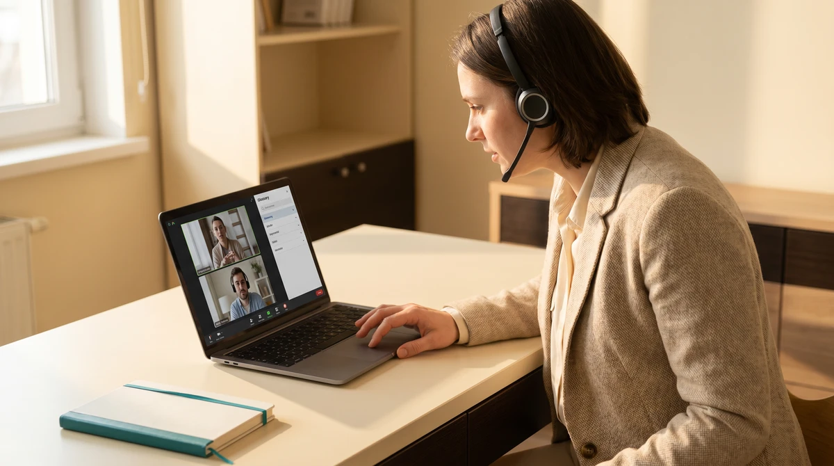 A remote interpreter working live on a video call