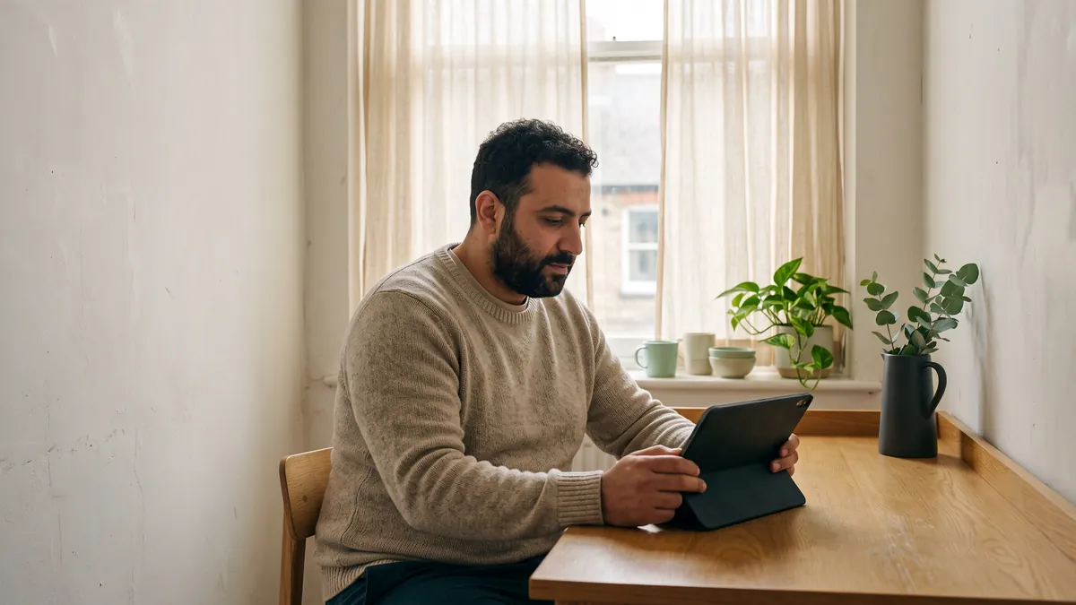 Illustration of a bearded man in an oatmeal jumper working on a tablet in a keyboard case at an oak table by a curtained window, plants on the sill