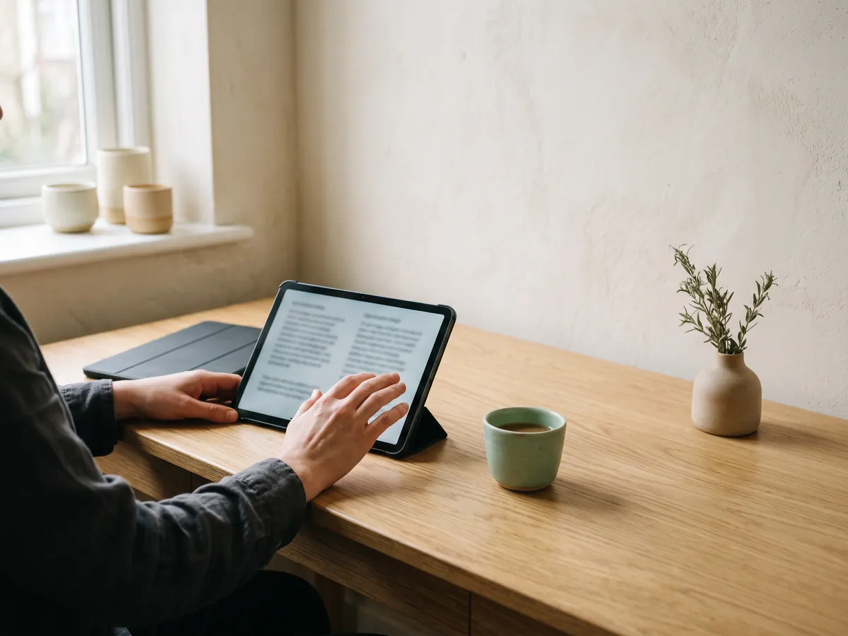 Illustration of over-the-shoulder view of a hand working on a tablet at an oak desk by a window, a sage cup and a small vase beside it