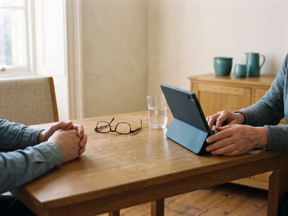 Illustration of two colleagues at an oak table, one with hands clasped beside a pair of glasses, the other typing on a tablet, teal ceramics behind