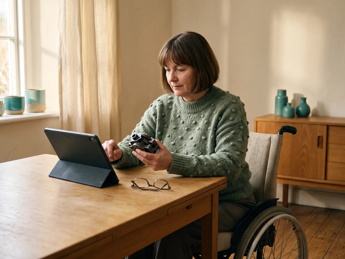 Illustration of a woman in a sage jumper in a wheelchair checking a small part against a tablet at an oak desk, teal vases on a sideboard