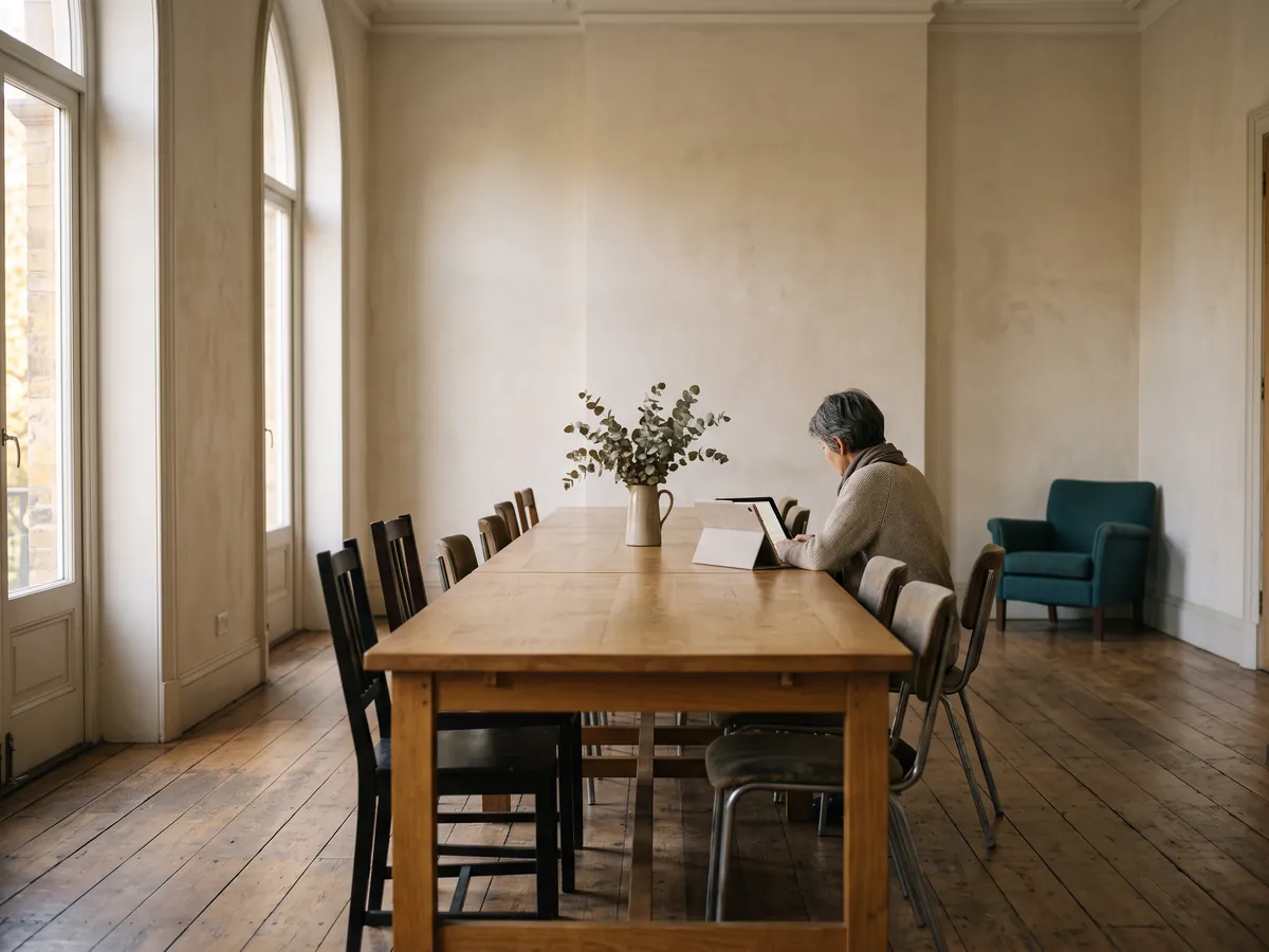 Illustration of a reviewer working on a tablet at the far end of a long oak table in a quiet, tall-windowed reading room, a teal armchair by the wall