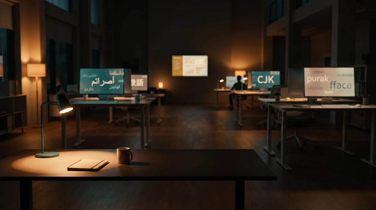 A multilingual workspace showing documents in many scripts and languages