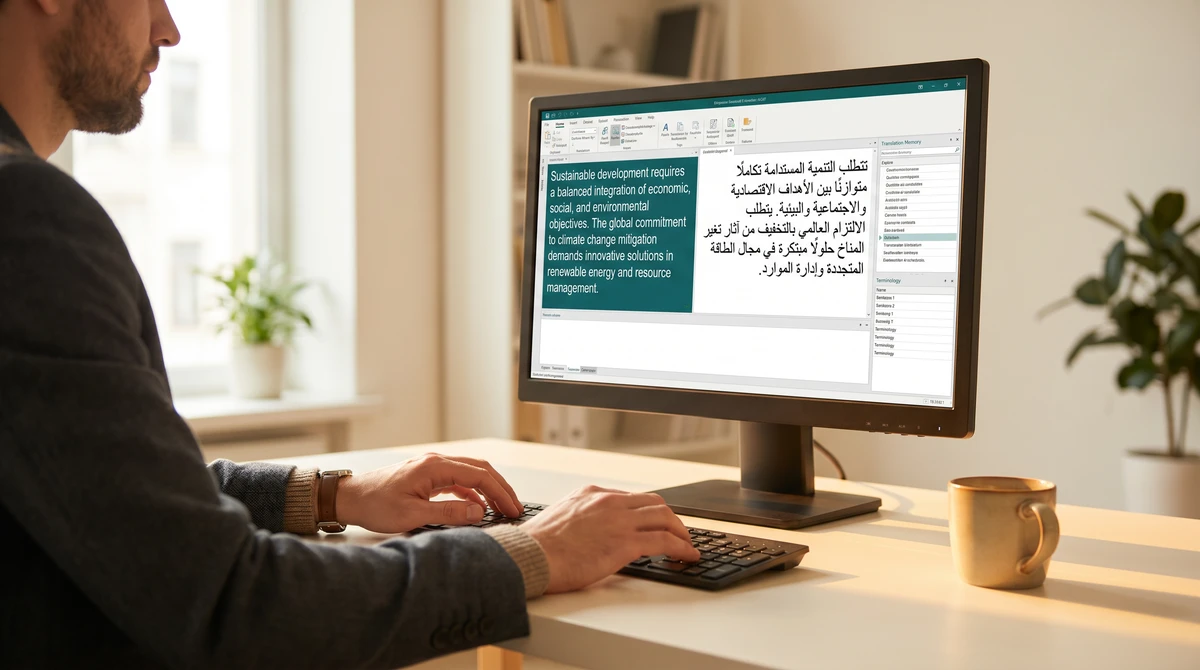A translator reviewing bilingual legal documents at a lit workspace