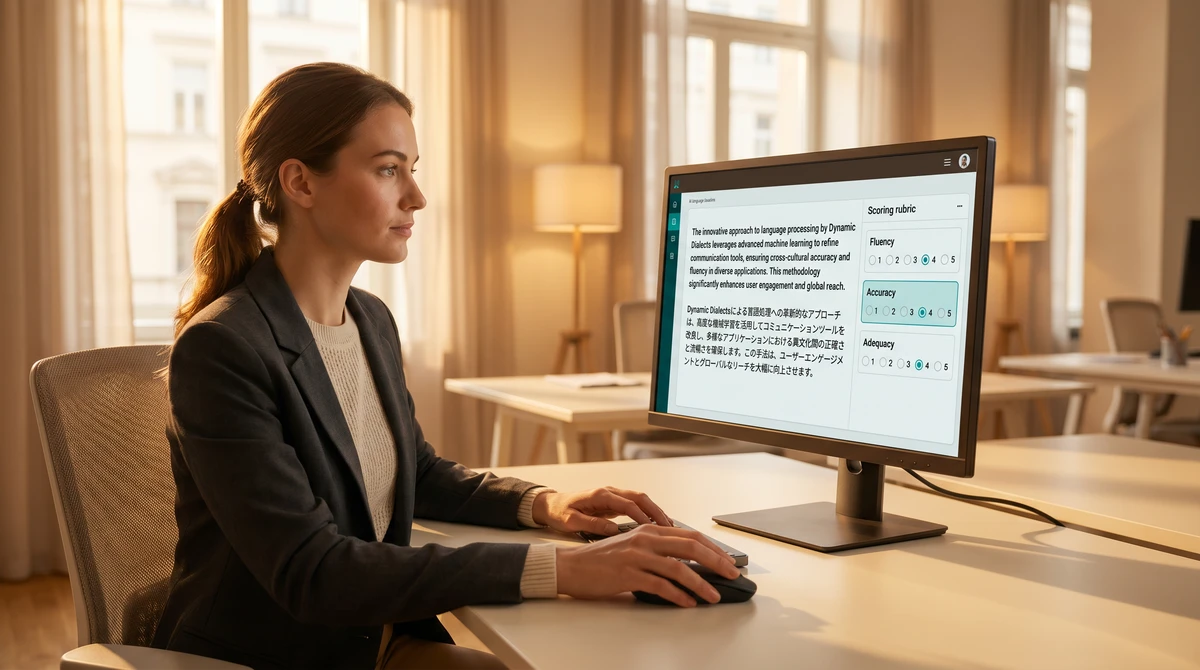 A language data reviewer scoring model output against an evaluation rubric on screen