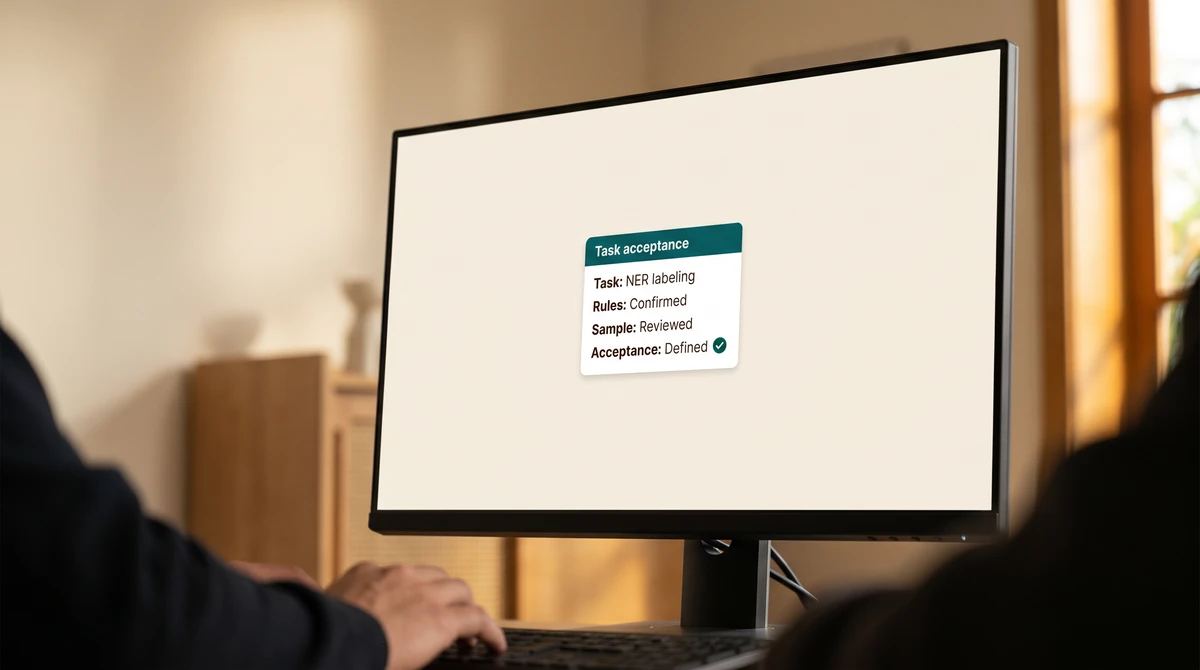A close-up of an AI-ML task acceptance card showing task type, confirmed rules, reviewed sample, and defined acceptance criteria