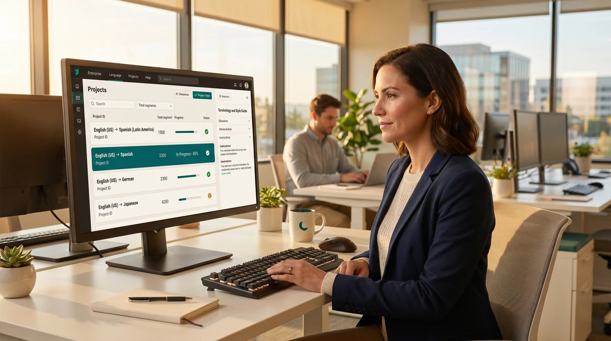A localization specialist managing a multi-language business program in a project dashboard in a warm office