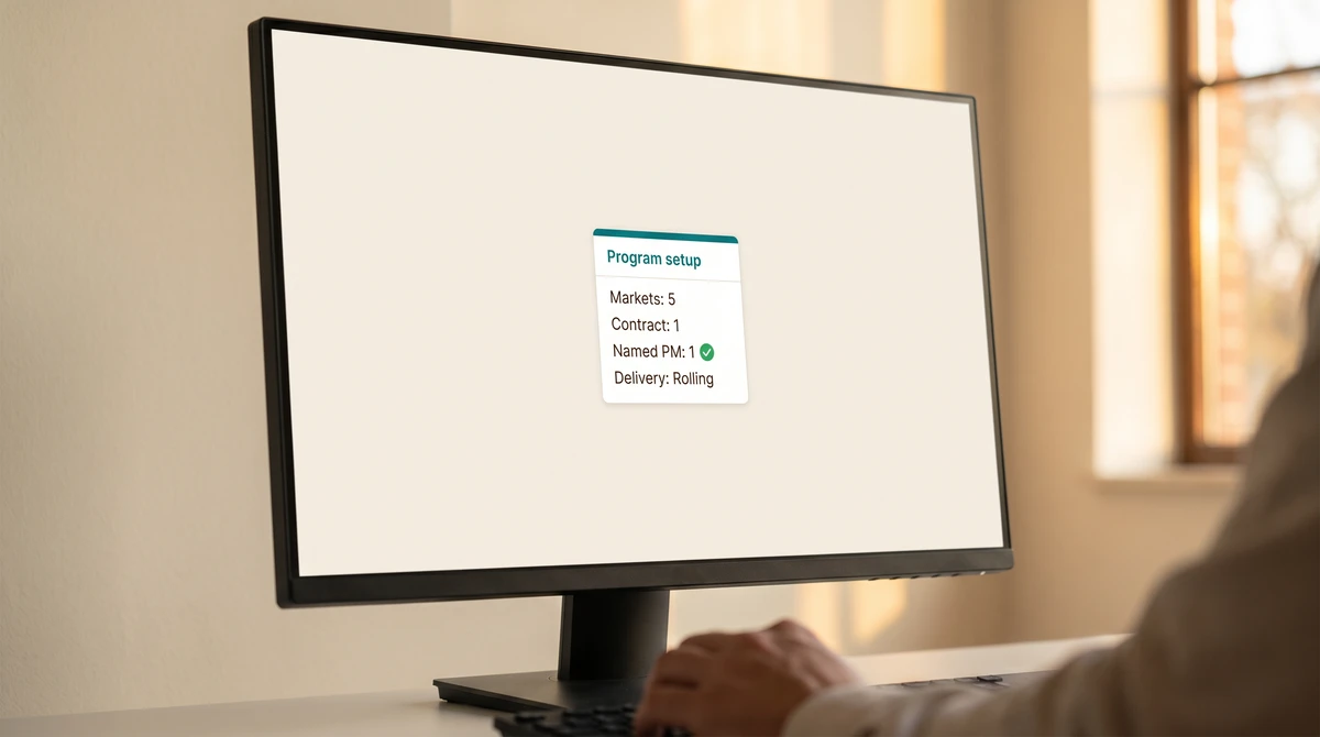 A close-up of a business program setup card showing five markets under one contract, one named PM, and rolling delivery