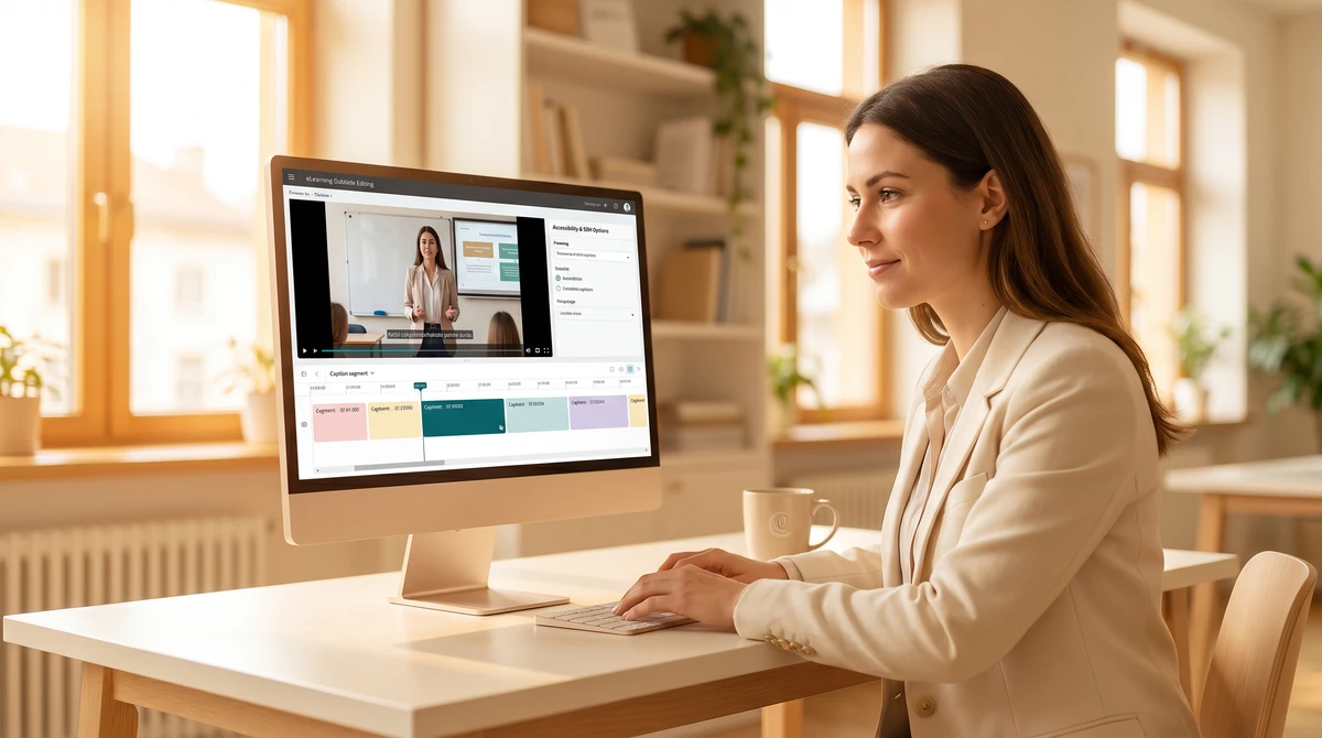 An education language specialist captioning an eLearning module in a bright workspace