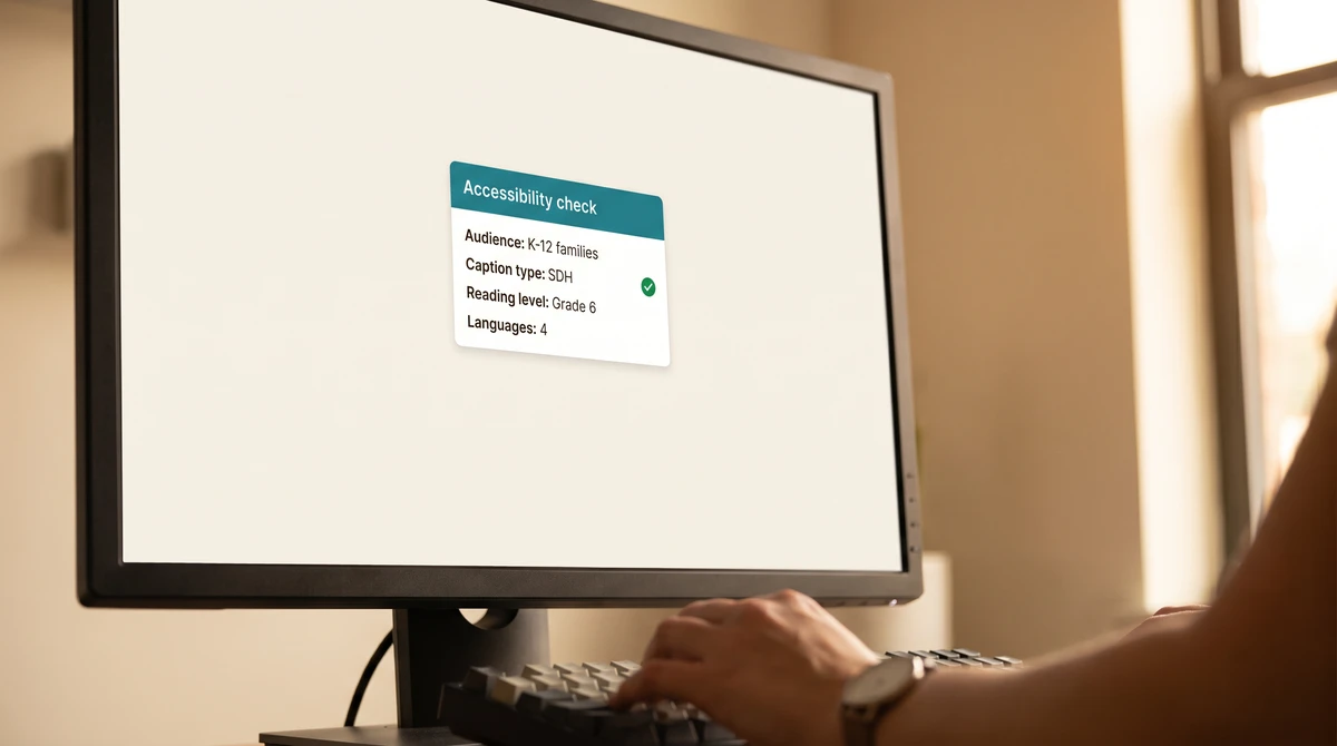 A close-up of an education accessibility check card showing audience, SDH caption type, reading level, and language count