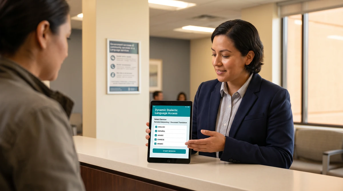 A public-sector interpreter at a community services counter using a bilingual language-access app on a tablet