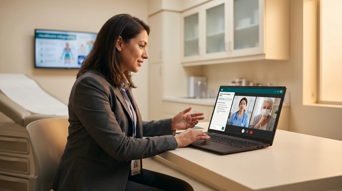 A medical interpreter mid-session on a healthcare video call with a clinician and patient on screen, in a warm clinical room
