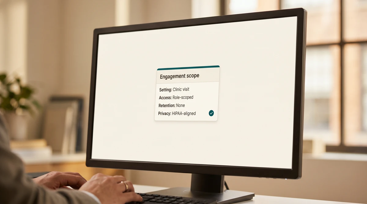 A close-up of a healthcare engagement scope card showing setting, role-scoped access, no retention, and HIPAA-aligned privacy