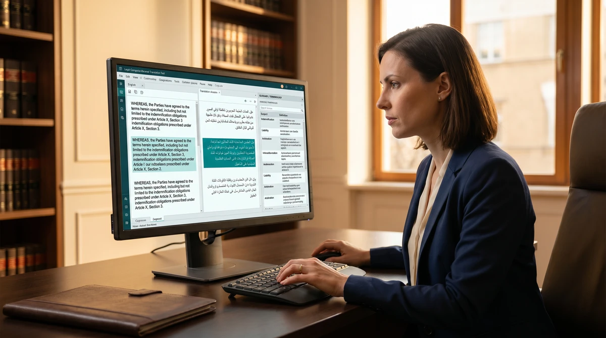 A legal translator reviewing a contract in a two-pane translation tool in a warm law office