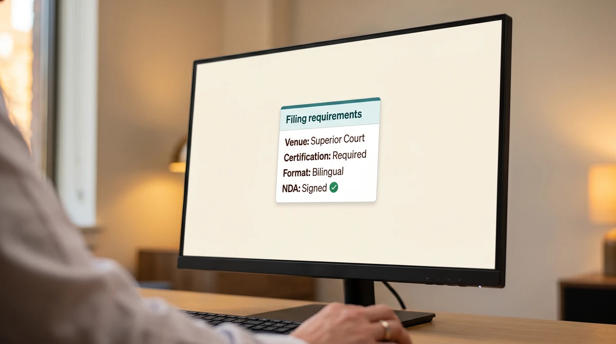 A close-up of a legal filing-requirements card showing receiving venue, certification required, bilingual format, and NDA signed