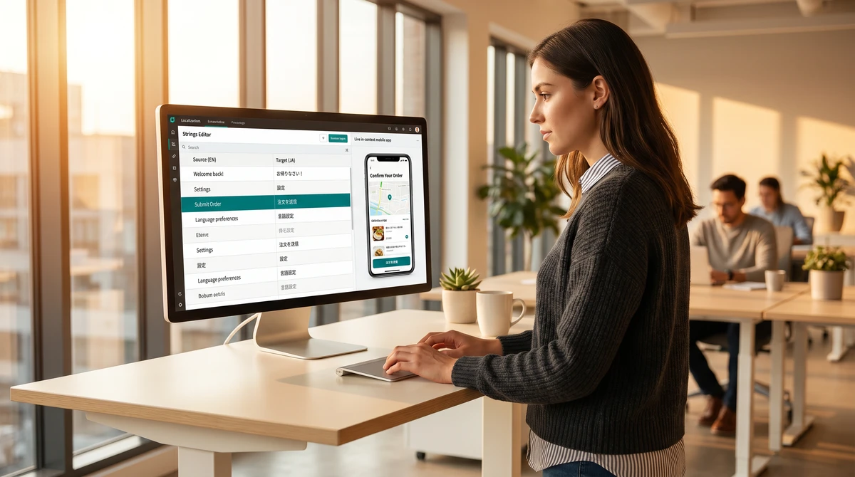 A software localization specialist reviewing UI strings beside a live app preview in a modern tech office