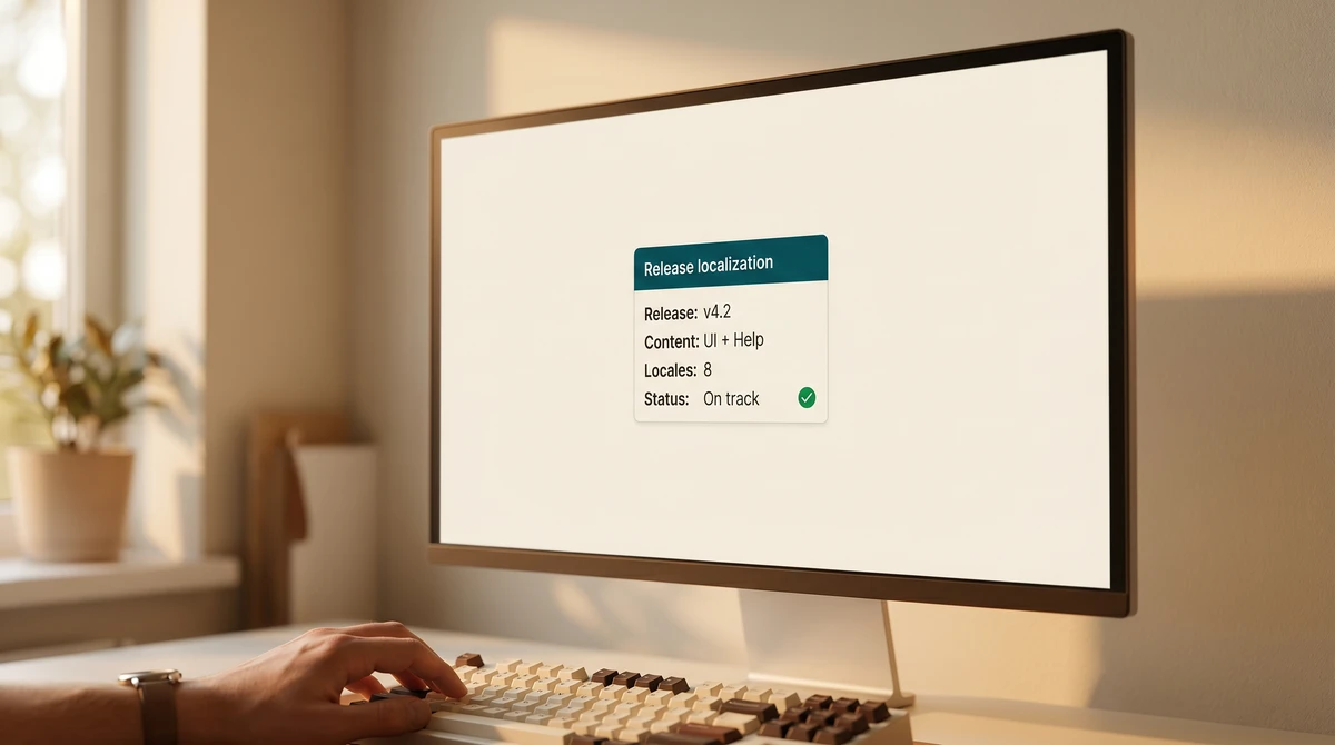 A close-up of a technology release-localization card showing release version, content types, locale count, and on-track status