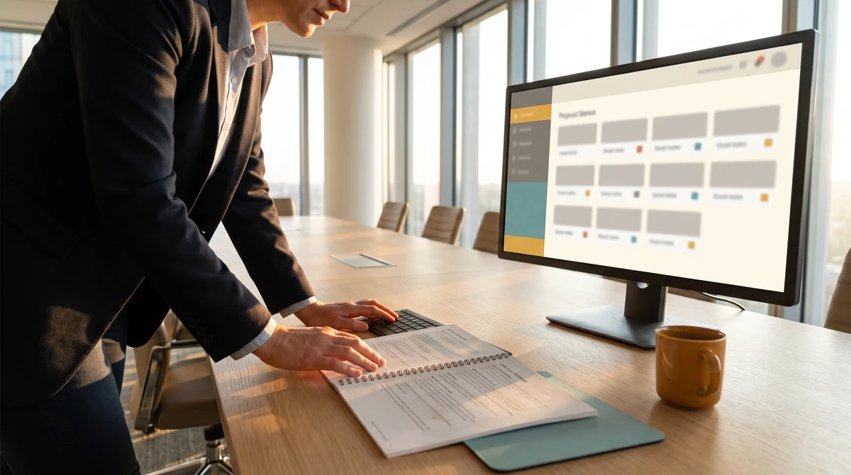 A reviewer working a review queue with a printed guide open beside the keyboard