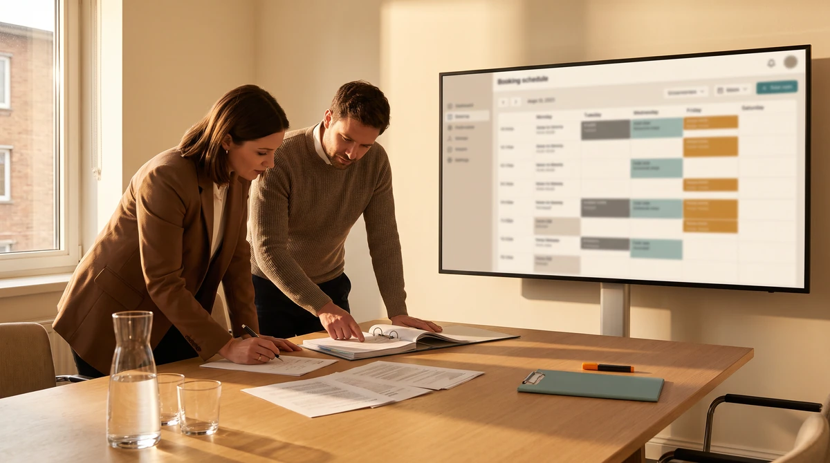 A coordinator and a colleague annotating a printed request sheet beside the booking view