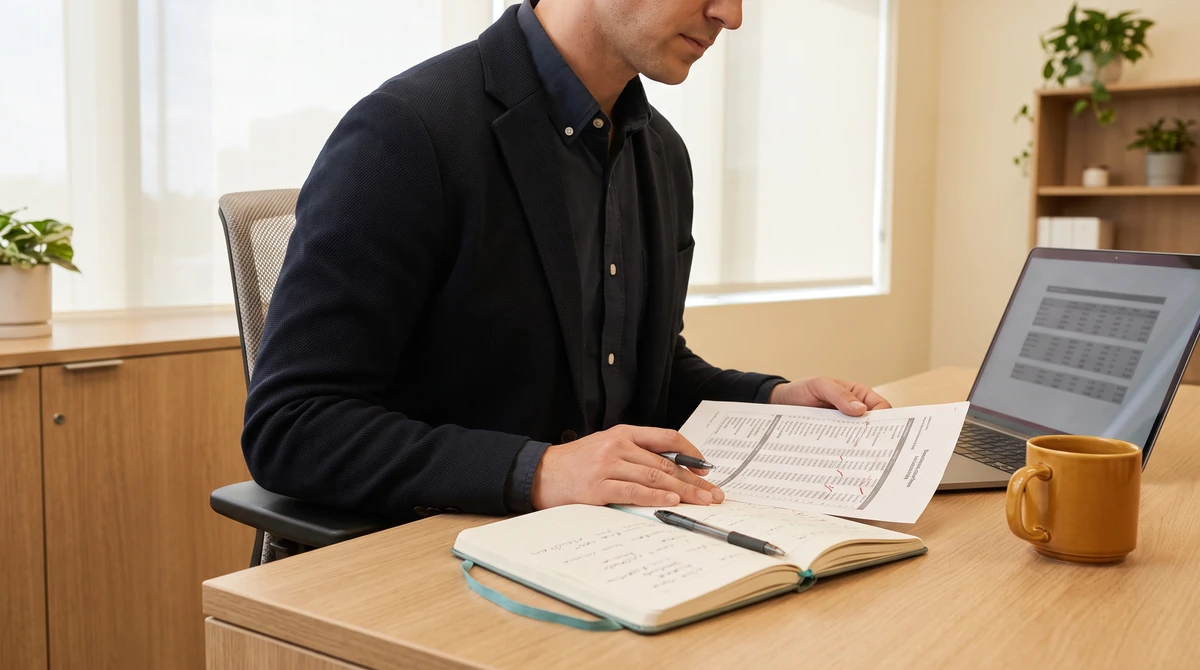 A writer an open notebook beside a marked-up printed draft, a pen resting across the page
