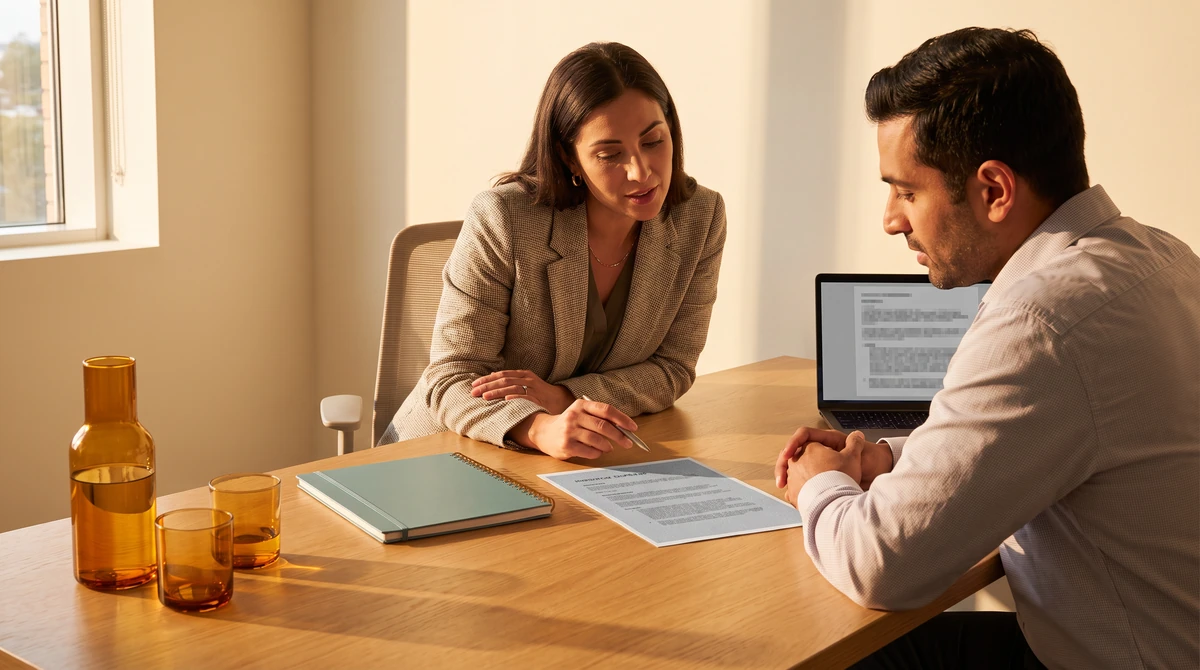 A program manager and a client talking through what happens next over a plain printed outline