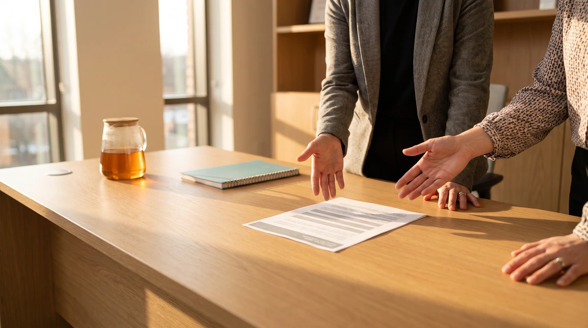 A program manager and a client talking through what happens next over a plain printed outline