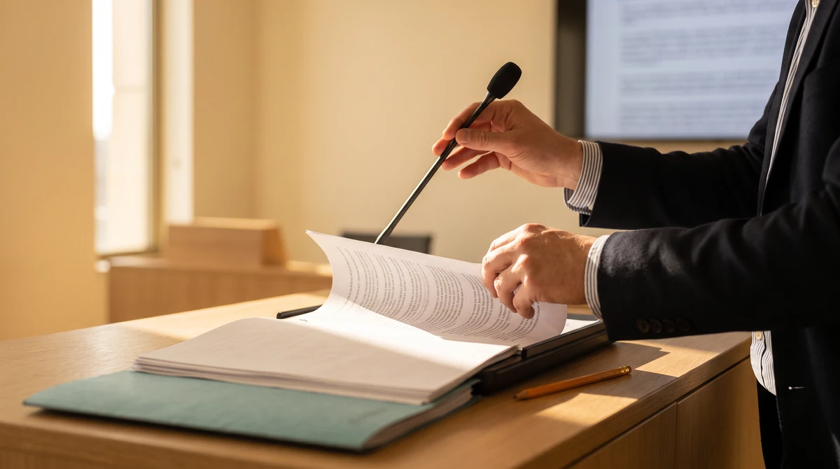 A voice actor recording a localized script at a slim microphone, printed pages on the stand