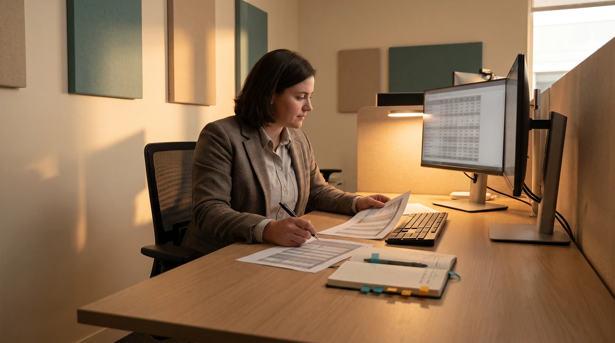 A reviewer a pen resting mid-line on a printed page, the other hand steadying it