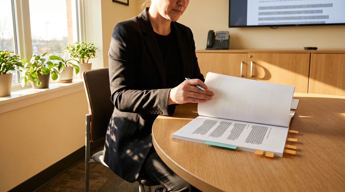 A reviewer turning a page while the pen tracks the line just read