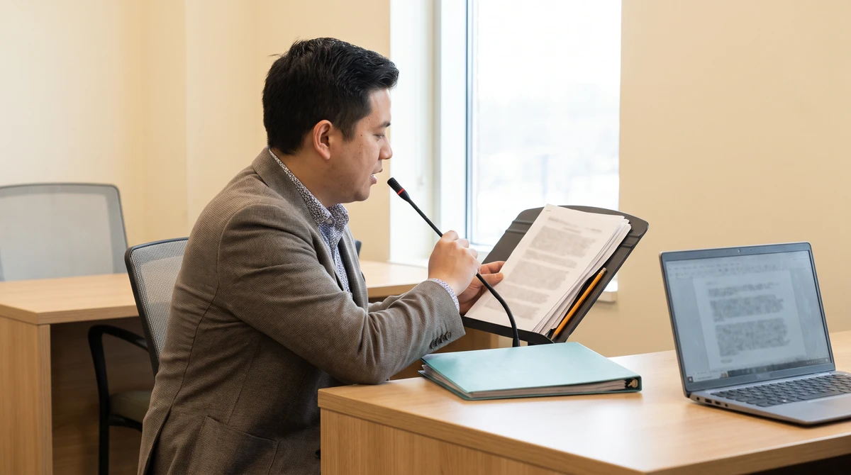A voice actor recording a localized script at a slim microphone, printed pages on the stand