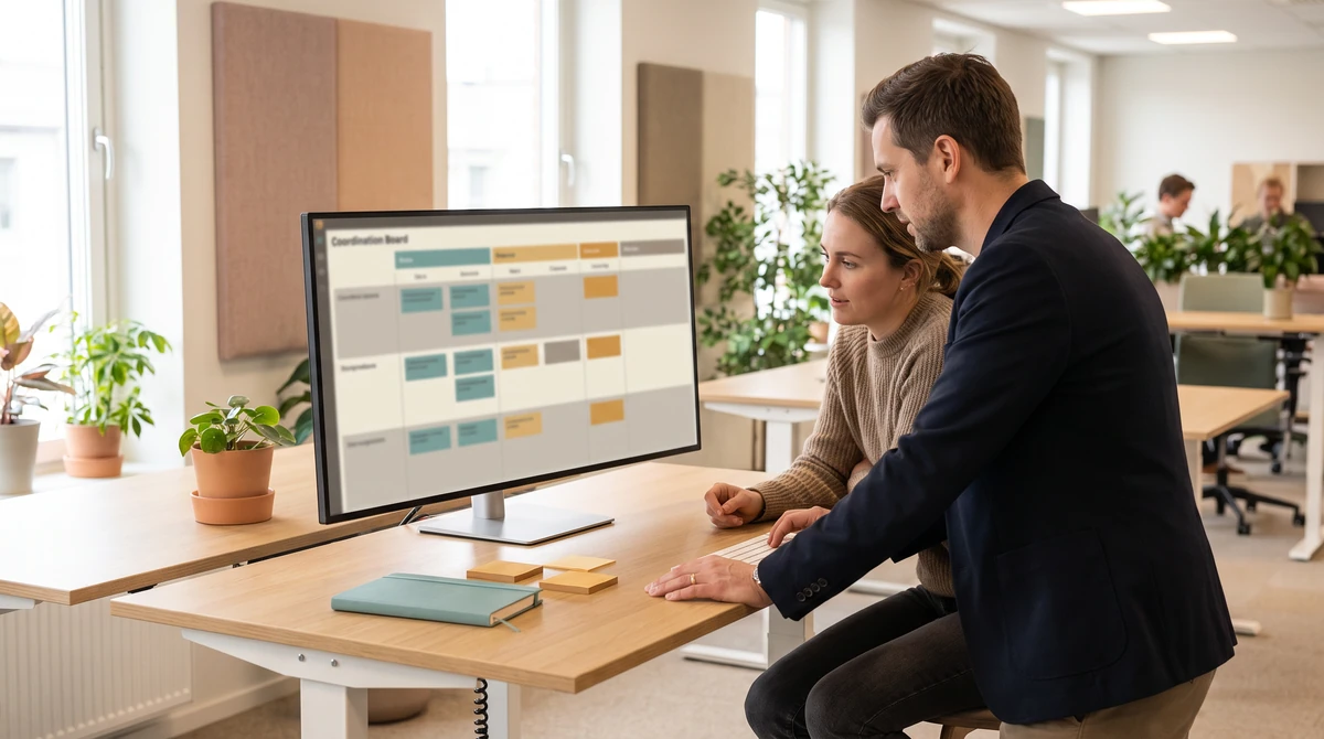 A project manager and a seated colleague reviewing parallel language lanes and their status on one board