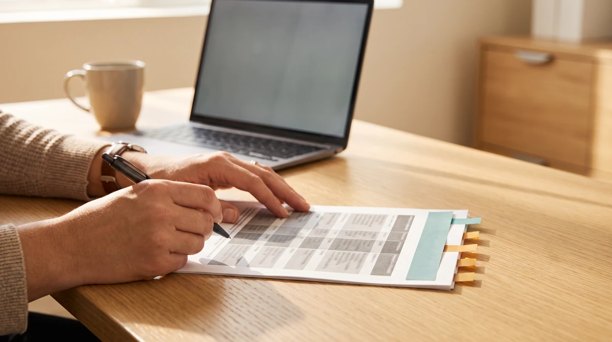 A reviewer a pen resting mid-line on a printed page, the other hand steadying it