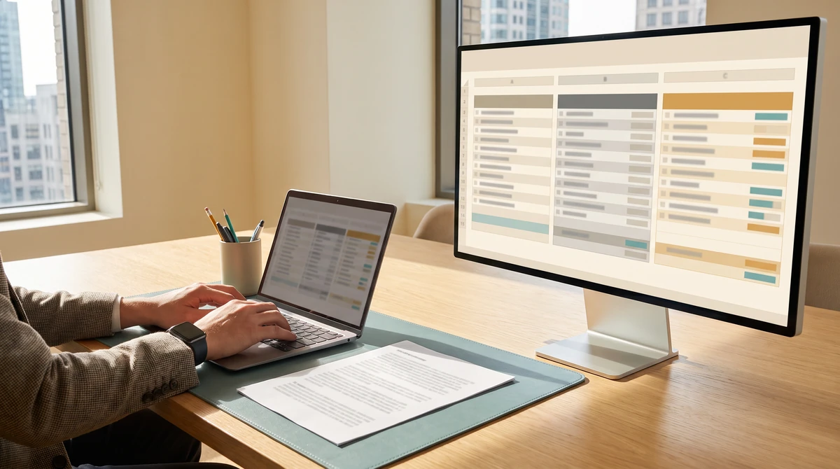 A localization engineer working a three-column string table with a printed spec beside the keyboard
