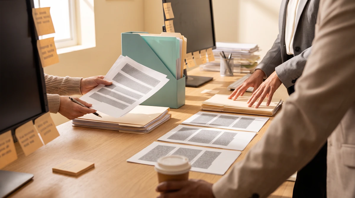 Three colleagues agreeing who takes which file, one holding pages and pointing at a row