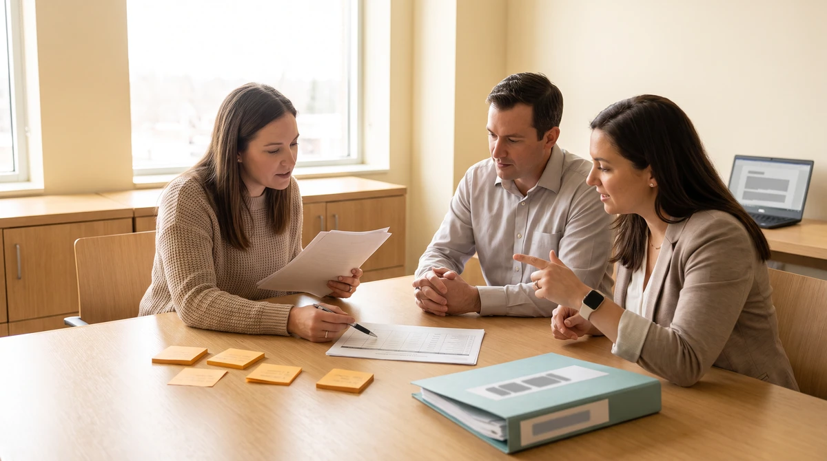 Three colleagues agreeing who takes which file, one holding pages and pointing at a row