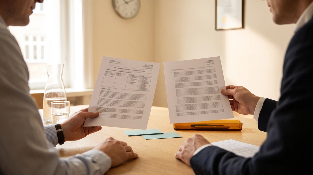 Two linguists comparing two printed term sheets held side by side
