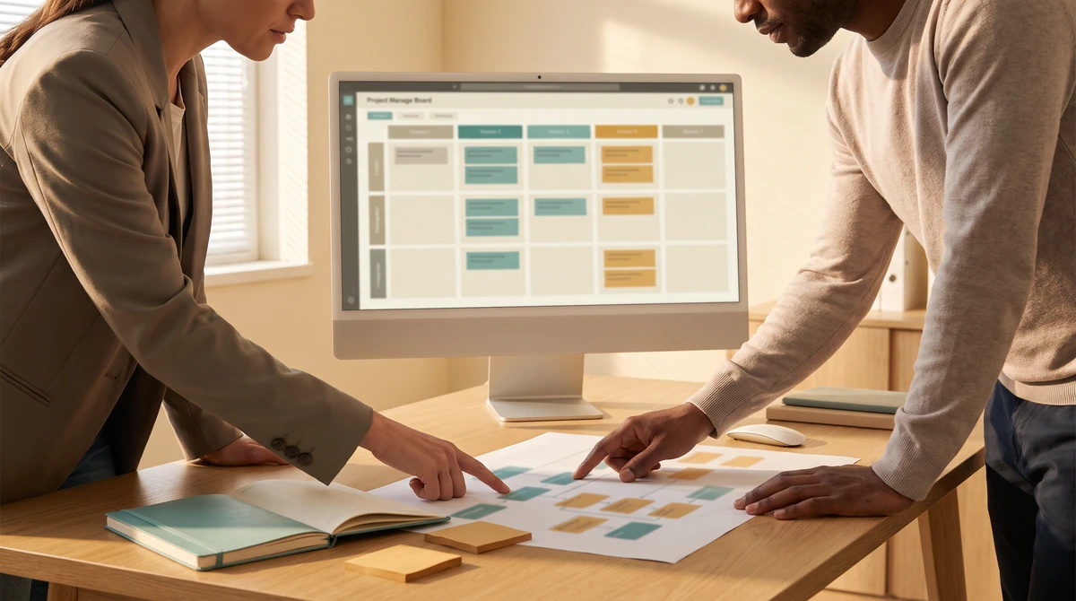 A project manager and a seated colleague reviewing parallel language lanes and their status on one board