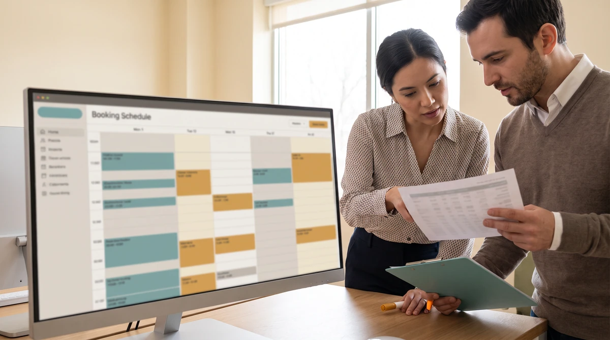 A coordinator and a colleague checking a printed request against the week before confirming a session