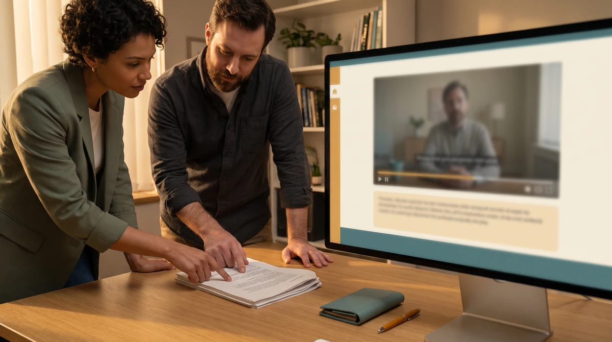 A director and a voice actor reviewing a printed dialogue script together beside a paused video frame