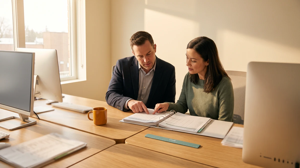 Two colleagues following a row across a printed grid and its translated counterpart