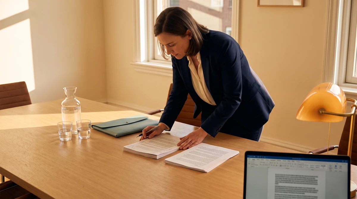 A linguist squaring two printed sets and annotating the margin beside one row