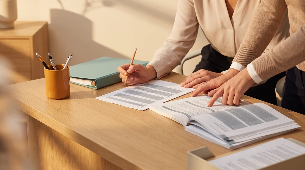 Two reviewers cross-checking a printed document against a terminology reference sheet