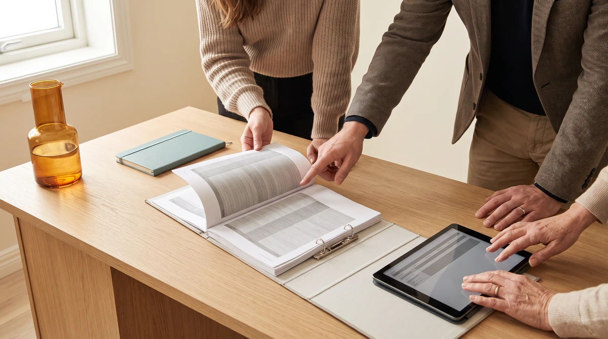 A program manager and a caseworker walking a client through how the work runs, gesturing lightly at the page